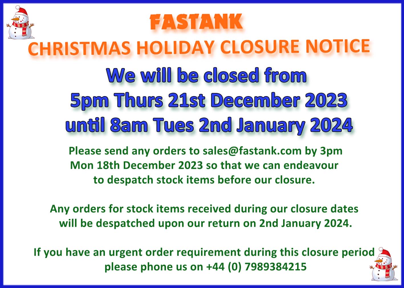 Holiday closure notice FT Xmas 2023